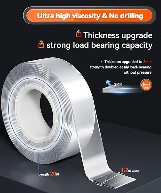 Strong Heavy Duty Double Sided Tape, 1.2" x 20FT Extra Large Clear & Tough Removable Nano Adhesive Tape for Wall Hanging Strip Poster Deco Rug (1/12" Thick)