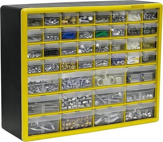 Akro-Mils 44-Drawer Plastic Drawer Storage Cabinet for Garage Organization, Bead Organizer, Building Bricks Storage, Teacher Toolbox, Makeup Organizer, 20-Inch W x 6-Inch D x 16-Inch H, 10144 Yellow