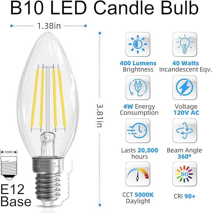 E12 Candelabra Bulb 40 watt Equivalent, E12 LED Bulb Dimmable Chandelier Light Bulbs, 5000K Daylight B10 Candle Light Bulbs, 90+CRI, 400LM, Cear Glass, 12 Pack
