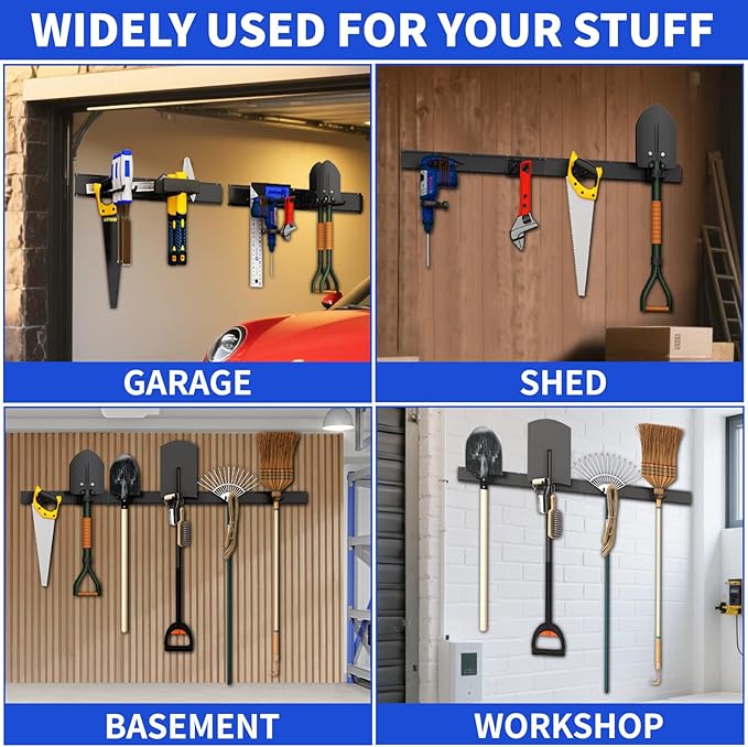 Garage Tool Organizer Wall Mount, 48inch Heavy Duty Garden Tool organizer Storage System, Easy Install With 6 Adjustable Straight Hooks, For Garage, Basement, Shed, Workshop(Black)