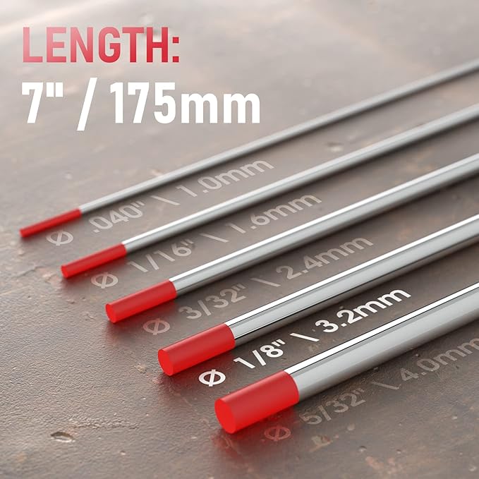 YESWELDER TIG Welding Tungsten Electrode Red Tip 1/8" x 7" (Red, WT20/EWTh-2) 10-pk