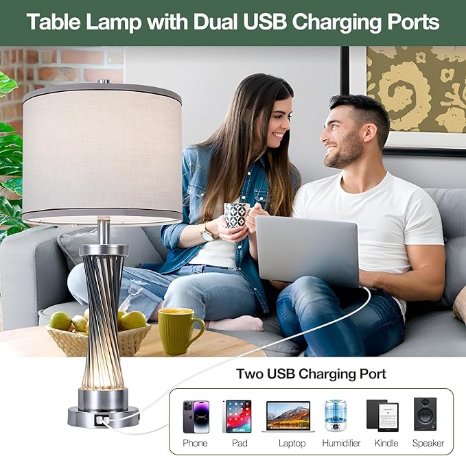 3-Way Dimmable Table Lamp Set of 2,Touch Control Lamp with Night Light,Modern Blue Crystal Table Lamps for Bedroom,Living Room，Bedside Lamps with USB A+C Ports，Fabric Lampshade(Blubs Included)