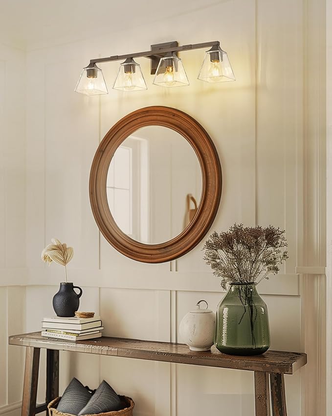 Bronze Bathroom Light Fixtures, HWH 4-Light Farmhouse Vanity Wall Sconce Bathroom Sconce Over Mirror, Oil-Rubbed Bronze Finish with Square Glass Shade, 5HY68B-4W ORB