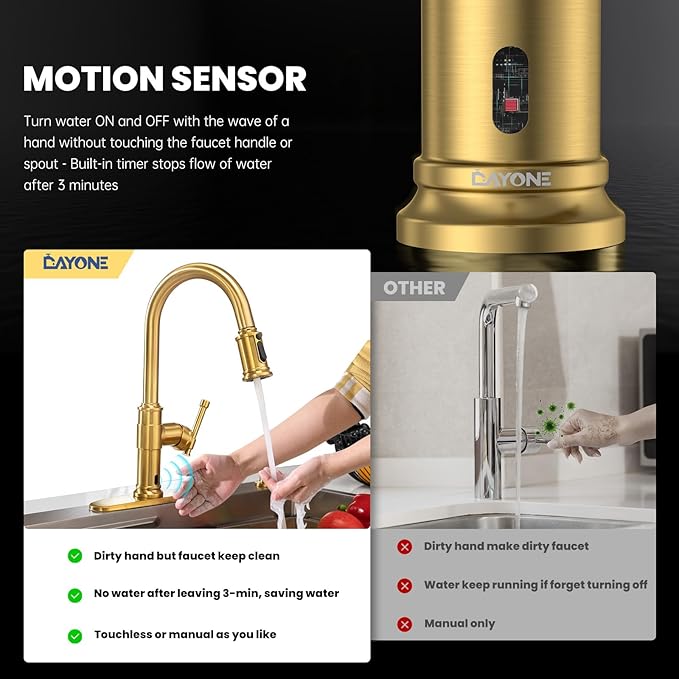 DAYONE Touchless Brushed Gold Kitchen Sink Faucets with Soap Dispenser, Pull Down Motion Sensor Hand-Free Single Handle Faucet for Kitchen Sink High Arc, DAY136TL-BTG