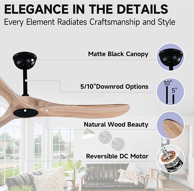52" Wood Ceiling Fan with Remote Control, 3 blade Ceiling Fan without Lights for Indoor/Outdoor - Modern Design, Powerful Airflow, Silent Operation