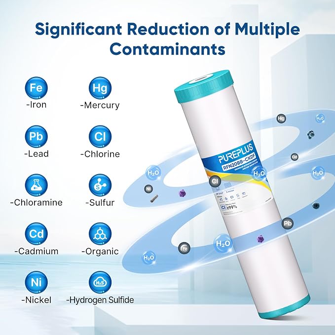 PUREPLUS 5 Micron 20" x 4.5" Whole House KDF/GAC Water Filter, Heavy Metal Removal Replacement Water Filter, RFN20BB-CKDF, 1PACK