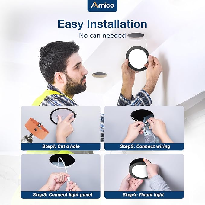 Amico 12 Pack 4 Inch 5CCT Ultra-Thin LED Recessed Ceiling Light with J-Box, 2700K/3000K/3500K/4000K/5000K Selectable, 11W Eqv 70W, Dimmable Canless Downlight, 800LM High Brightness, Black - ETL