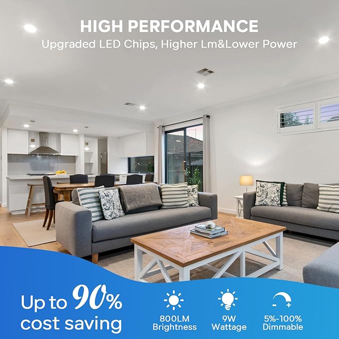 LVWIT Ultra-Thin Recessed Lighting 4 Inch with Junction Box, 800LM 2700K-5000K 5CCT LED Ceiling Lights, Dimmable Canless Wafer Downlight, ETL,FCC&IC, Smooth Trim, 6 Pack