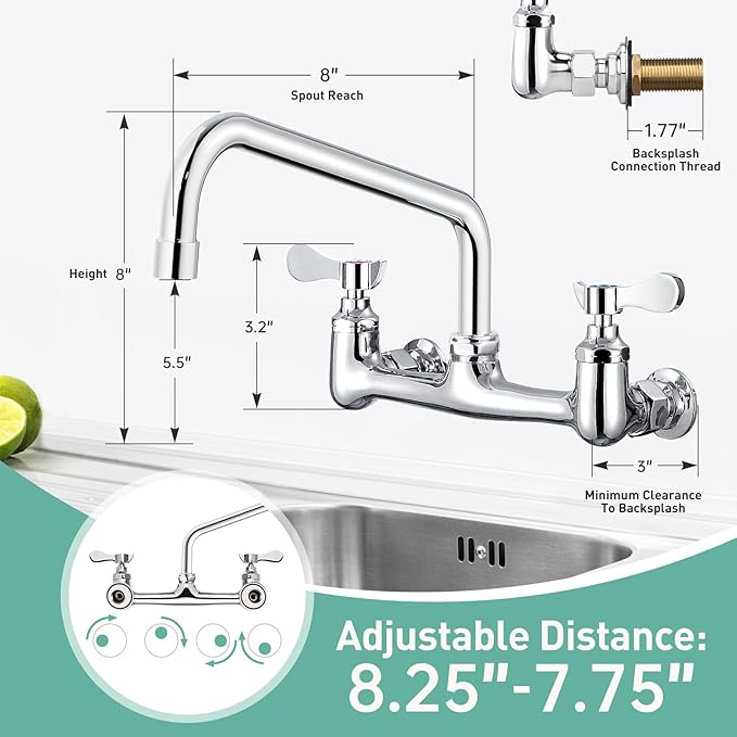 Wall Mount Commercial Sink Faucet with 8" Swivel Spout, 8" Center Wall Mount Kitchen Faucet, Dual Handles Brass Utility Sink Faucet for Laundry Room Restaurant