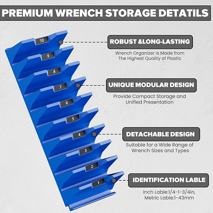 40PCS Modular Wrench Organizer Wrench Holder - Wrench Tool Organizers for Tool Drawer Storage, Wrench Storage Set with Metric & SAE Label, Wrench Rack Tool Gift for Professional Mechanics Men, Blue