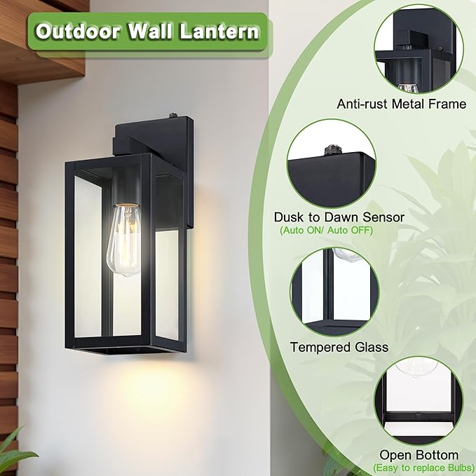 GRUENLICH Dusk to Dawn Large Outdoor Wall Lantern, Wall Sconce as Porch Lighting Fixture, E26 Base Max 60W, Metal Housing with Glass Shade (Black, 1-Pack)