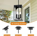 VINLUZ 3 Lights E12 Outdoor Pendant Lighting Fixture in Black Finish Finish, Farmhouse Hanging Lantern Chandelier with Clear Glass Shade for Porch Entryway Hallway