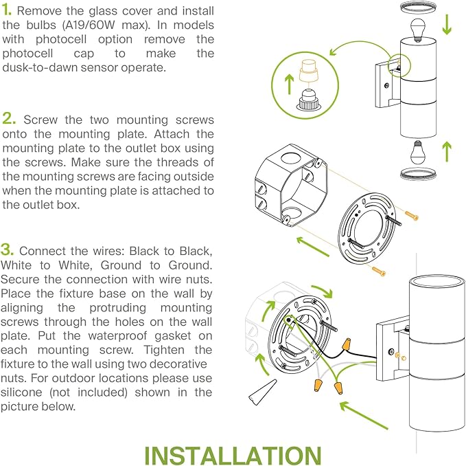ASD 2 Light Dusk to Dawn Outdoor Wall Light Fixture | 120W E26 Bulb Socket 120V ETL Cylinder Up Down Lights | LED/CFL/Incandescent Bulb Exterior Wall Sconce | Front Door, Porch, Patio | Black, 2 Pack