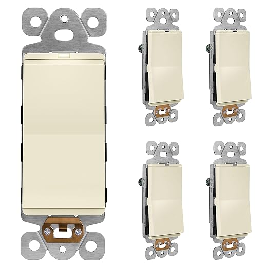 LIDER Minimalist Design Matte Finish Lighted Decorator Switch, Frameless Paddle Light Switch with Locator Light, Grounding Screw, 15A 125V, UL Listed, LS15-1P-LA5P, Light Almond, 5 Pack