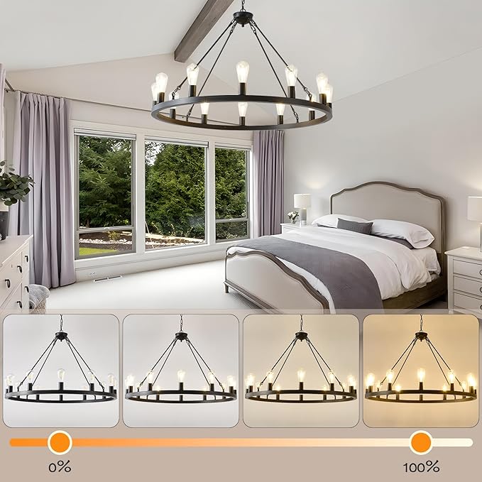 40” Farmhouse Wagon Wheel Chandelier,Black Rustic Chandelier 12-Lights Round Dining Room Light with Adjustable Height,Industrial Ceiling Light Fixtures for Kitchen,Foyer,Porch,Living Room