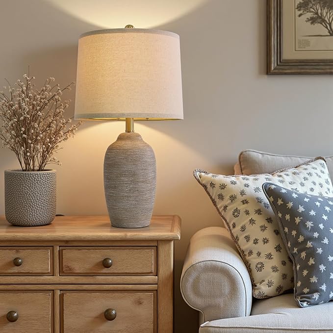 24.5" Handcrafted Ceramic Table Lamp - Single Farmhouse Vintage Rustic Bedside Lighting for Living Room, Bedroom, Entryway | Nightstand & End Table Decor with Linen Shade (Bulb Not Included)