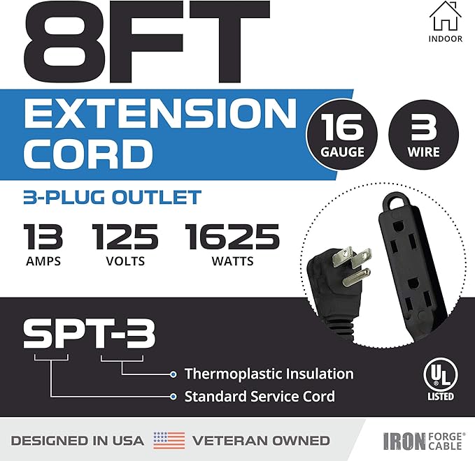 Iron Forge Cable 2 Pack 8 ft Flat Plug Black Extension Cord with 3 Outlets - 16/3 SJTW 3 Prong Indoor Extension Cord with Multiple Outlets
