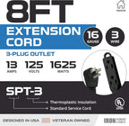 Iron Forge Cable 8 ft Flat Plug Black Extension Cord with 3 Outlets - 16/3 SJTW 3 Prong Indoor Extension Cord with Multiple Outlets