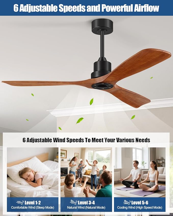 60 Inch Ceiling Fan No Light, Outdoor Ceiling Fan with Remote, 3 Downrods, 3 Wood Blades, Timer, 6 Speeds Indoor Modern Ceiling Fans Without Lights Noiseless Reversible DC Motor for Patios Bedroom