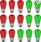 Red Green S14 Christmas Light Bulbs, 1 Watt Plastic Shatterproof LED Replacement Bulbs for Indoor Outdoor Patio String Light, E26 Medium Base, 15 Pack
