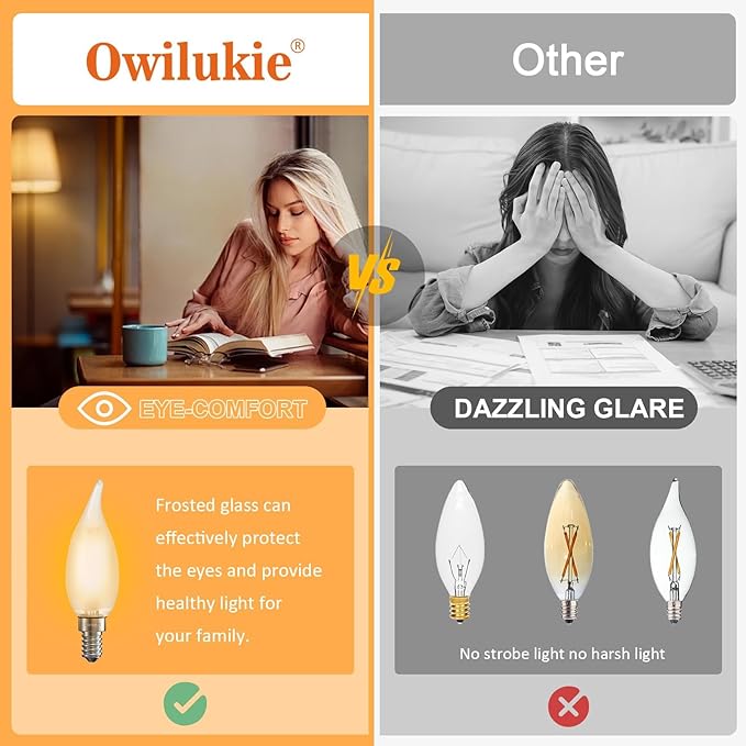 Chandelier Frosted Light Bulbs 2W Equivalent 25W Incandescent Bulb, Candelabra Candle E12 LED Bulb Type B Soft Warm White 2700K, Dimmable for Dining Room,Light Fixture,Chandelier,12 Pack