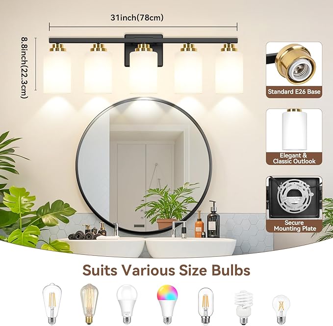 5-Light Bathroom Light Fixtures, 31" Modern Vanity Lights Over Mirror with Milky White Glass Shade, Black & Gold Light Fixture, Classic Wall Light Fixture for Mirror Living Room Cabinet Bedroom Porch
