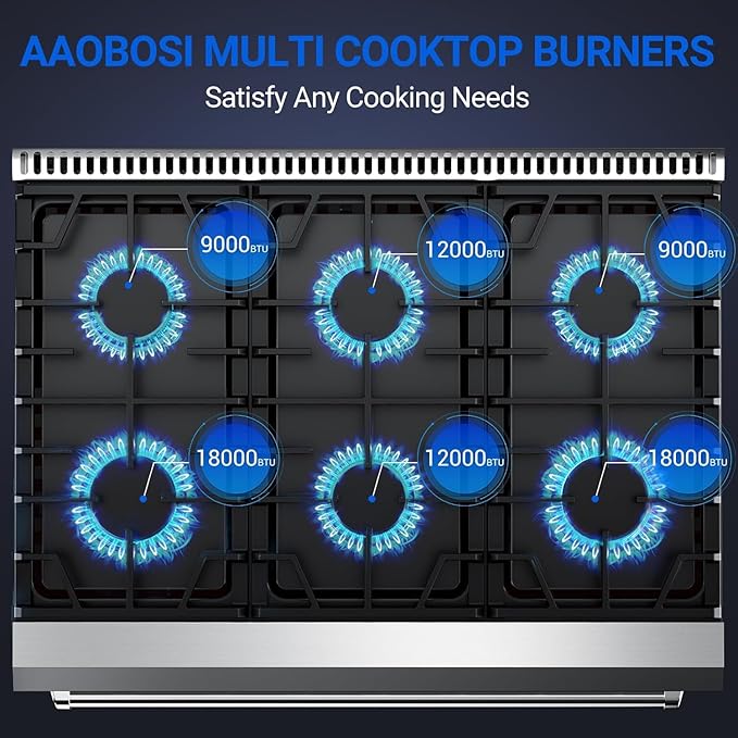 AAOBOSI 36 Inch Front Control Gas Range Oven with 6 Cooktop Burners, 6 Cu. Ft 18000 BTU Convection and Self Clean, Freestanding Heavy Duty Gas Range Stove with Halogen Light,Large Capacity,Silver