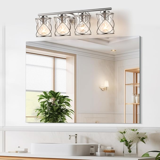 4-Lights Bathroom Light Fixtures, Brushed Nickel Modern Vanity Light Over Mirror, Bathroom Wall Lamp for Mirror Kitchen Living Room Hallway Porch, Farmhouse Wall Lights with Clear Glass Cage Shade