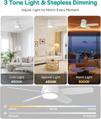 Ceiling Fans with Lights, 42 inch Ceiling Fans with Lights and Remote, Dimmable, Noiseless, Low Profile Ceiling Fan with Light for Bedroom, Indoor and Outdoor Use(White)