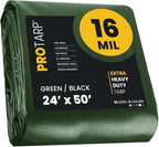 PROTARP Extra Heavy Duty 16 Mil Tarp Cover, Waterproof, UV Resistant, Rip and Tear Proof, Poly Tarpaulin with Reinforced Edges for Roof, Camping, Patio, Pool, Boat. (Green/Black 24′ X 50′)