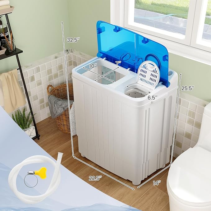 COSTWAY Portable Washing Machine, 17.6 lbs Capacity Twin Tub 11 lbs Washer and 6.6 lbs Spinner with Control Knobs, Timer Function, Drain Pump, Compact Laundry washer for Home Dorm Apartment RV (Blue)