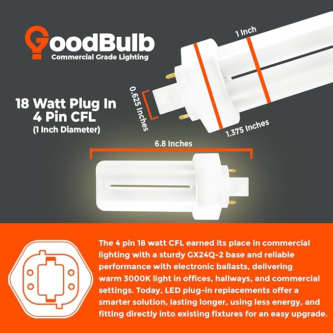 GoodBulb 18 Watt CFL Light Bulbs 4 Pin GX24Q-2 Base 3000K Warm White 18W High Output 1200 Lumens Triple Tube Compact Fluorescent Light Bulbs Plug-in 10 Pack