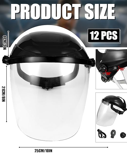 12 Pack Safety Face Shield for Grinding and Cutting, Full Impact Resistant Face Shield Mask for Work Chemical Woodworking (Black)