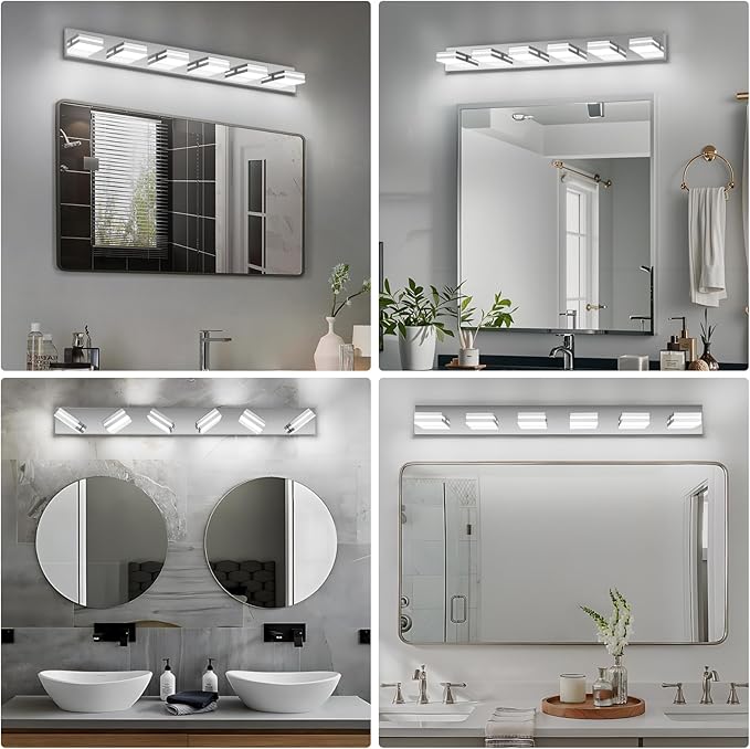 Modern LED Bathroom Lights Fixtures(6-Light),Metal Chrome Acrylic Wall Lighting,Vanity Lights for Bathroom Over Mirror(6000k 41In