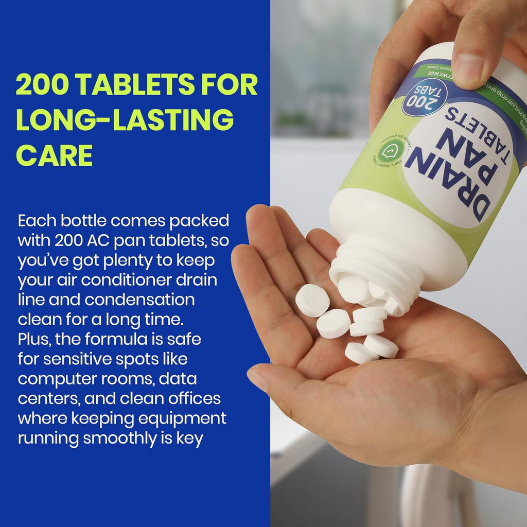 Drain Pan Tabs - 200 Tablets, AC Drain Line Cleaner, Fast-Acting Treatment for HVAC, Window Units, Mini-Splits, Dehumidifiers, Refrigerators - Lasts Up to 4 Weeks, No Residue, Water-Soluble