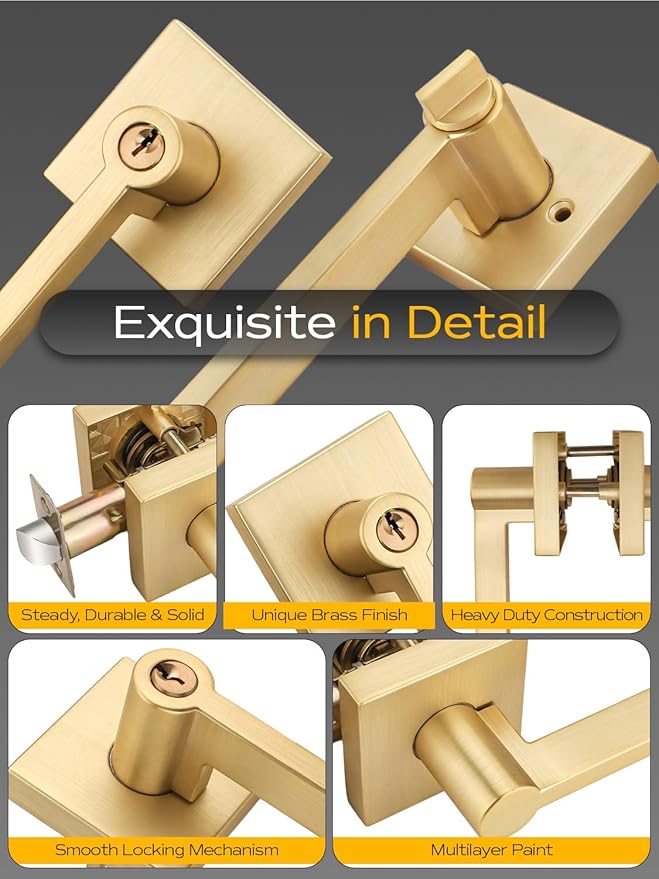 2 Sets Entry Door Handle and Single Cylinder Deadbolt Lock and Key Combo Pack - Heavy Duty Square Locking Lever Set - Interior/Exterior Door Levers in Satin Brass Finish