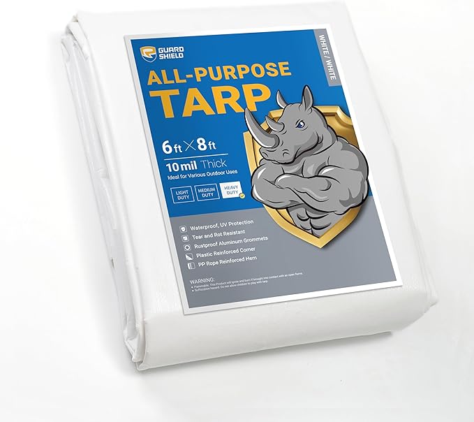 GUARD SHIELD Heavy Duty Tarp 6x8 Feet White Multi Purpose Thick Waterproof Poly Tarp Cover 10mil