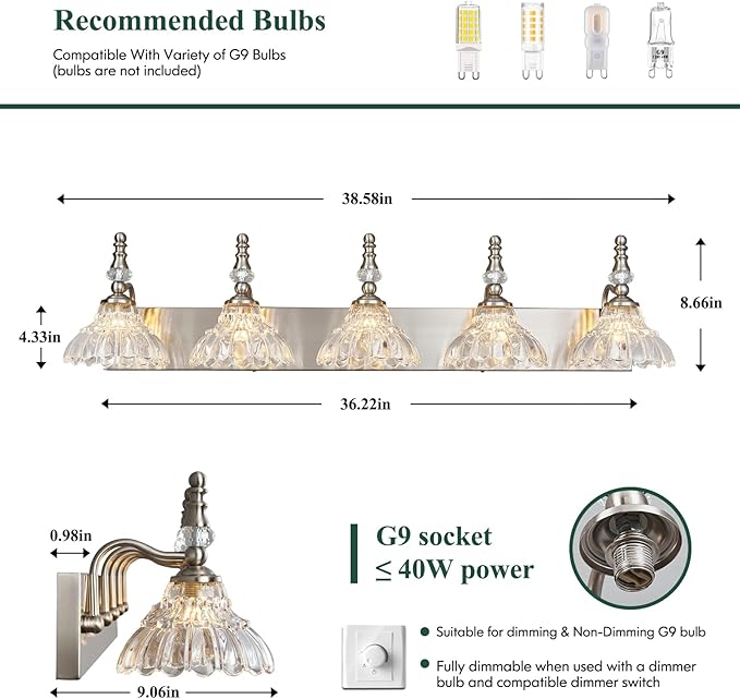 Vintage Bathroom Vanity Light, 5-Light Brushed Nickel Vanity Lighting Fixture with Flower Glass Shade, Bathroom Lighting Fixtures Over Mirror