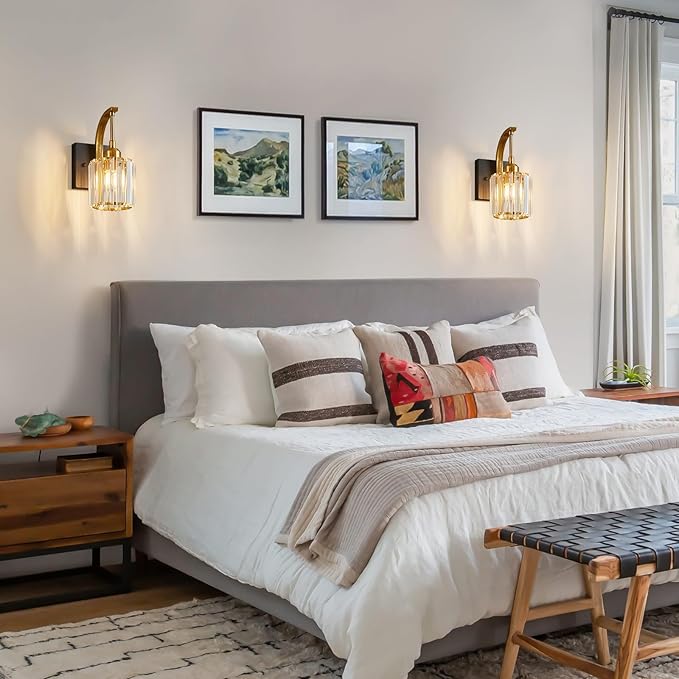 Wall Sconces, Set of 2 Black Gold Crystal Vanity Lights, Modern Wall Lamp for Bathroom, Hallway, and Makeup, Easy Installation