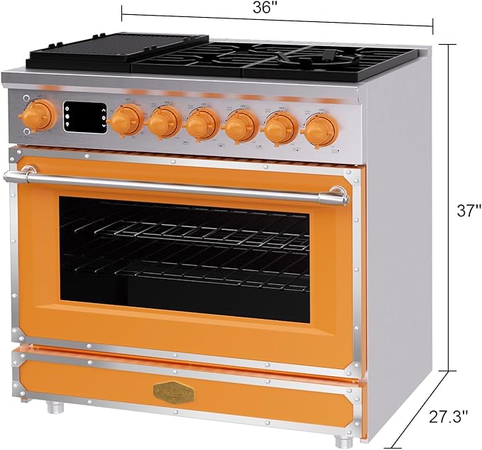 Akicon 36" Freestanding Gas Cooktop Oven Combo, Features 6 Sealed Burners, 5.2 Cu.ft Rapid Convection Oven, Convertible Fuel (NG/LP), Durable Cast Iron Grating (TOSTOSA1)