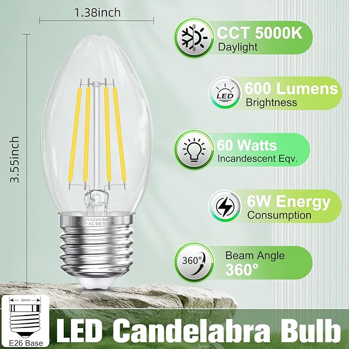 E26 Base LED Candelabra Bulb, 5000K Daylight, 6W, 60 watt Equivalent, E26 LED Bulb Non-Dimmable, B10 Chandelier Candle Light Bulbs, 90+CRI, 600LM, Cear Glass, 12 Pack