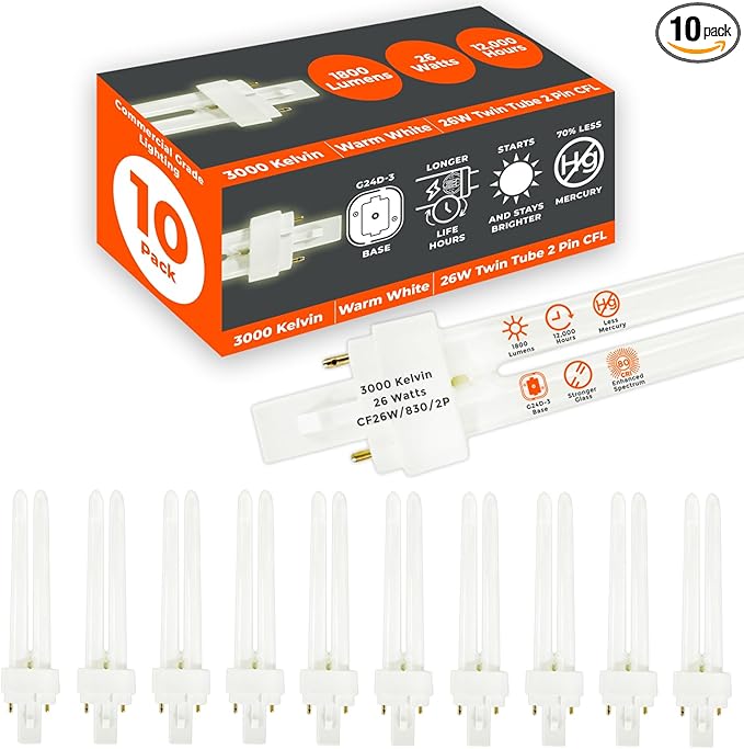 GoodBulb 26 Watt CFL Light Bulbs 2 Pin G24D-3 Base 3000K Warm White 26W High Output 1800 Lumens Double Tube Compact Fluorescent Light Bulbs Plug-in 10 Pack