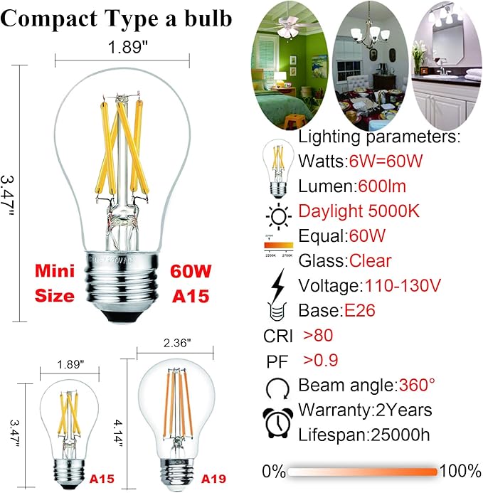 LiteHistory E26 Edison Bulb 6W=60 watt Light Bulb Dimmable Daylight 5000K Edison Light Bulb 60 Watt AC120V A15 led Bulb for Ceiling Fan,Vanity,Refrigerator,Wall scones 600lm E26 Light Bulb 6Pack