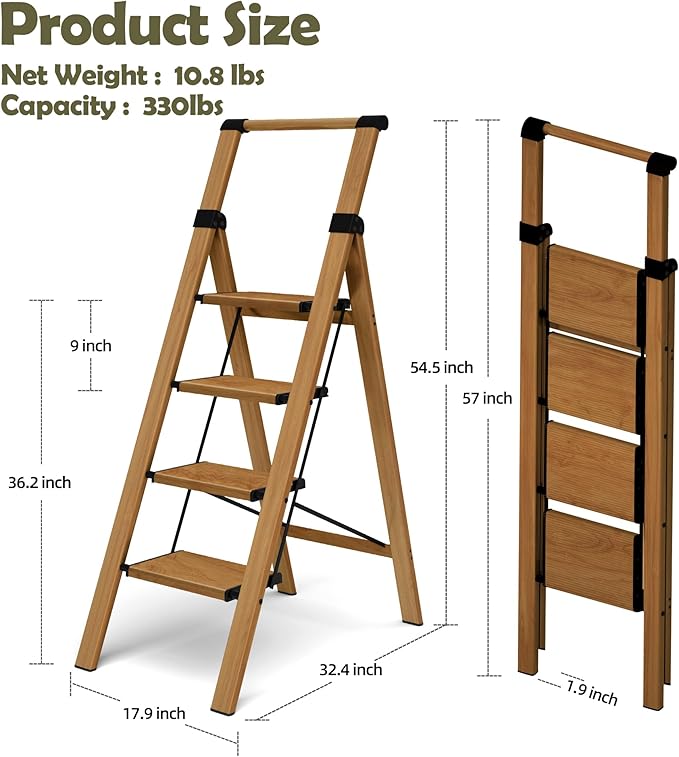 Taranta 4 Step Ladder, Portable Folding Ladder with Wide Pedal, Lightweight Aluminum Step Stool with Convenient Handgrip, 330 lbs Capacity Stepladder for Home, Office - Woodgrain