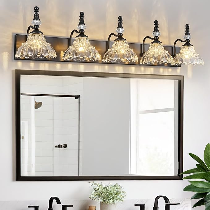 Vintage Bathroom Vanity Light, 5-Light Black Vanity Lighting Fixture with Flower Glass Shade, Bathroom Lighting Fixtures Over Mirror