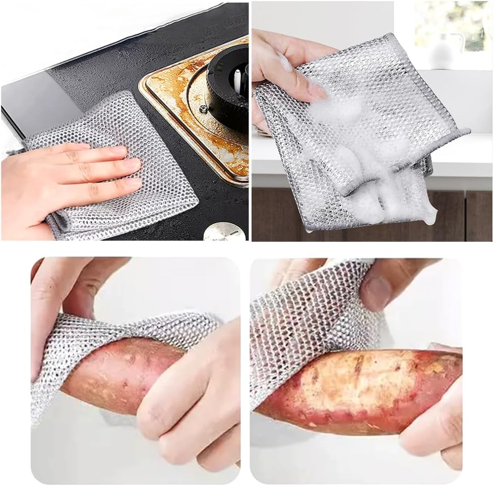 YinQin 28x20 cm Stainless Steel Wire Scrubber Cloth for Pots & Pans Sink Stove Top Dual-Sided Rust-Resistant & Easy Clean Kitchen Cleaning Cloths Non-Scratch Metallic Mesh Dishwashing Cloth Rag, 4 PCS
