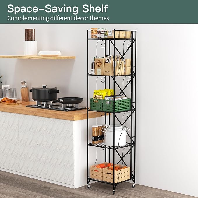 5-Tier Foldable Metal Wire Storage Shelf – No Assembly Required | 71" Tall x 16"x 16"| Space-Saving Organizer for Room, Dark Black