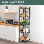 5-Tier Foldable Metal Wire Storage Shelf – No Assembly Required | 71" Tall x 16"x 16"| Space-Saving Organizer for Room, Black