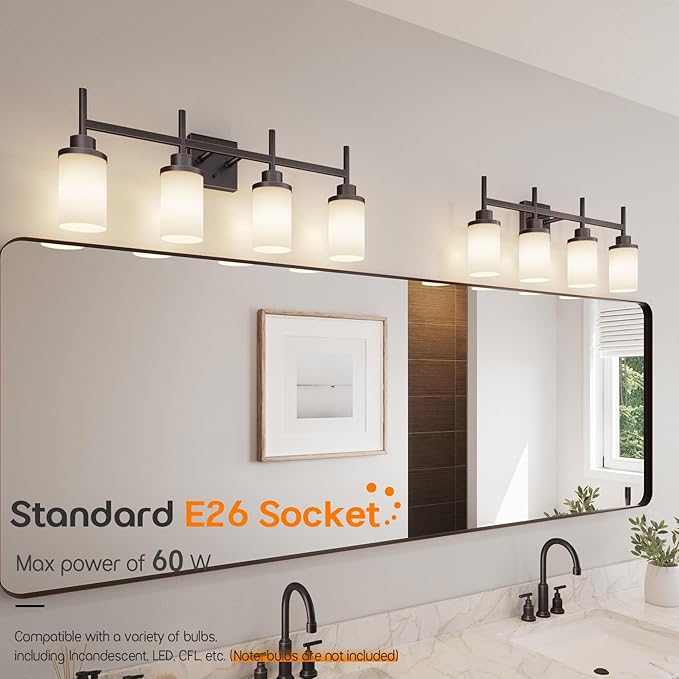 Bathroom Light Fixtures 4-Light Bathrom Vanity Lightings with White Frosted Glass Shade, Oil Rubbed Bronze Wall Lamps Over Mirror T001ORB-L4