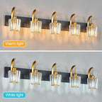 Modern Bathroom Vanity Light, 5-Light Black Gold Wall Sconce with Crystal Accents, Over Mirror Bathroom Lighting Fixture, 42.52" Long Dimmable Vanity Lamp for Makeup, Easy Installation